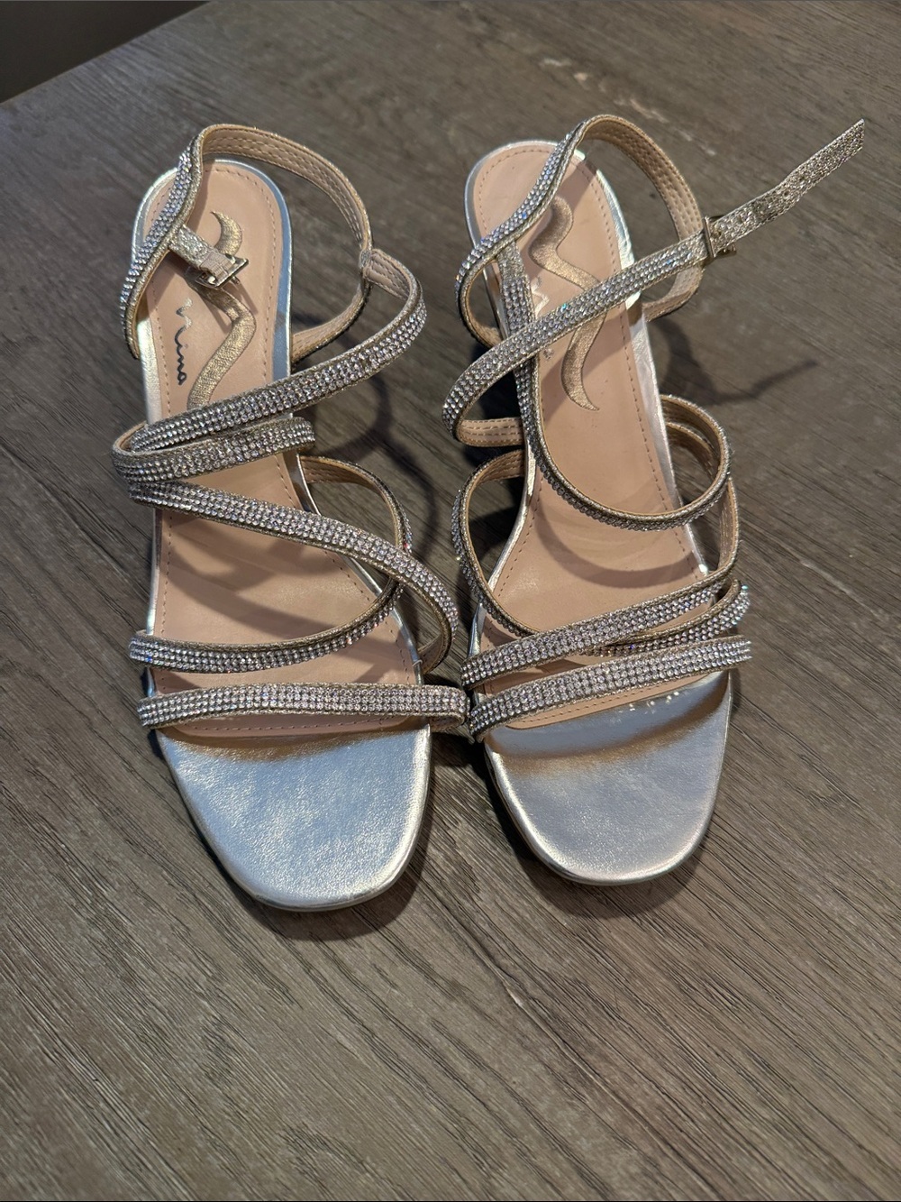 Strappy Champagne/Silver Rhinestone Evening Sandals - size 8